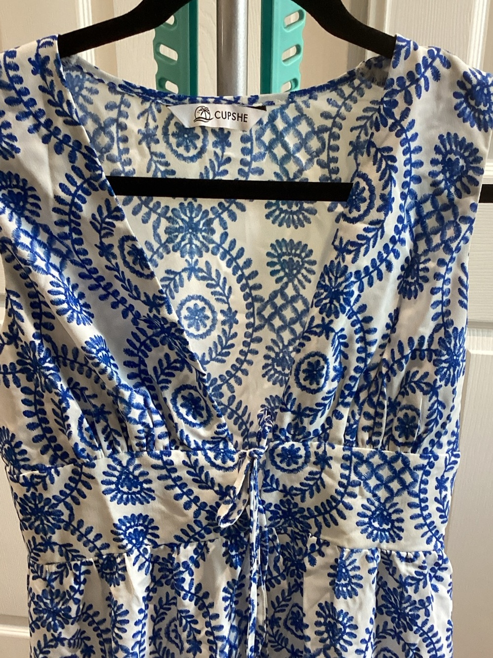 Cupshe Blue & White Embroidered Tie-Front Sundress